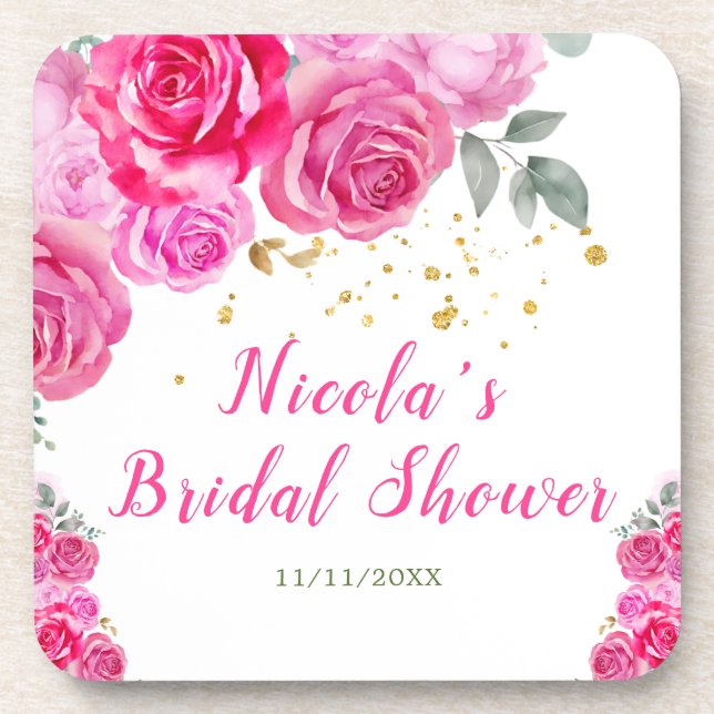 Hot Pink Floral Bridal Shower Beverage Coaster (Front)