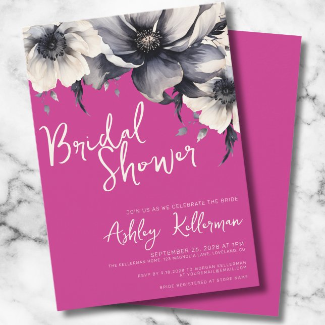 Hot Pink Floral Bridal Shower Invitation (Magenta Pink Girly Elegant Floral Bridal Shower Invitation)