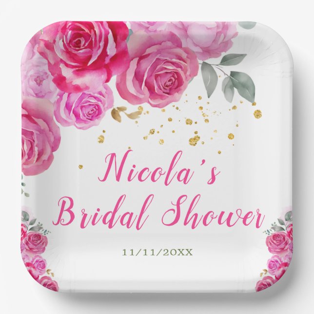 Hot Pink Floral Bridal Shower Paper Plates (Front)