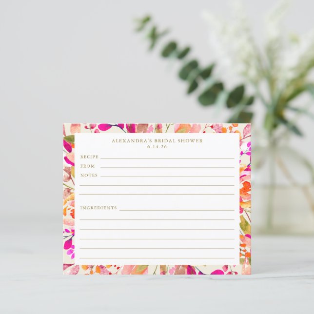 Hot Pink Floral Bridal Shower Recipe Card (Standing Front)