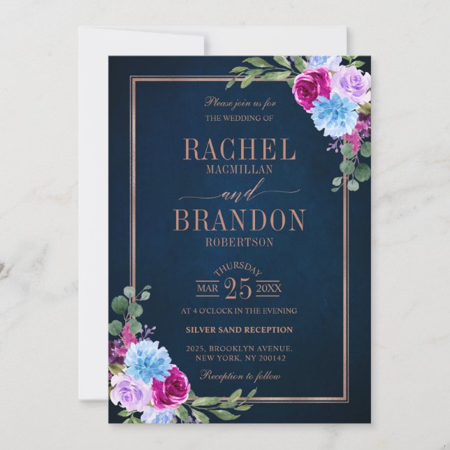 Hot Pink Floral Bronz Navy Blue Rustic Wedding  Invitation (Front)