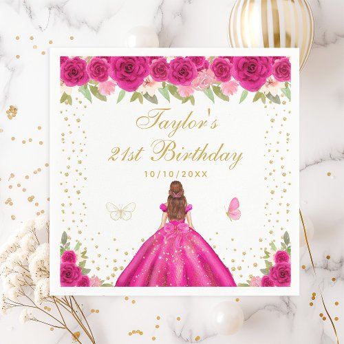 Hot Pink Floral Brown Hair Girl Birthday Party Napkins