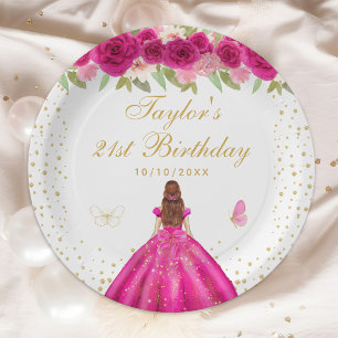 Hot Pink Floral Brown Hair Girl Birthday Party Paper Plates