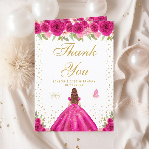 Hot Pink Floral Brown Hair Girl Birthday Party Thank You Card