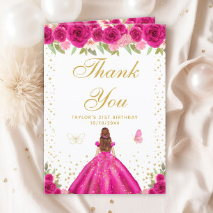 Hot Pink Floral Brown Hair Girl Birthday Party Thank You Card