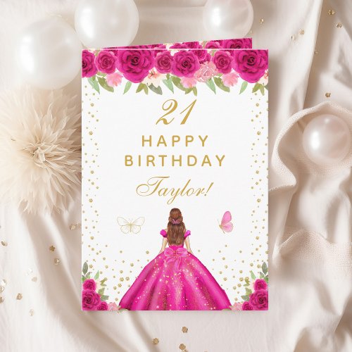 Hot Pink Floral Brown Hair Girl Happy Birthday Card