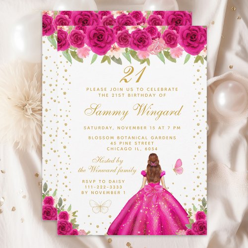 Hot Pink Floral Brown Hair Princess Birthday Party Invitation