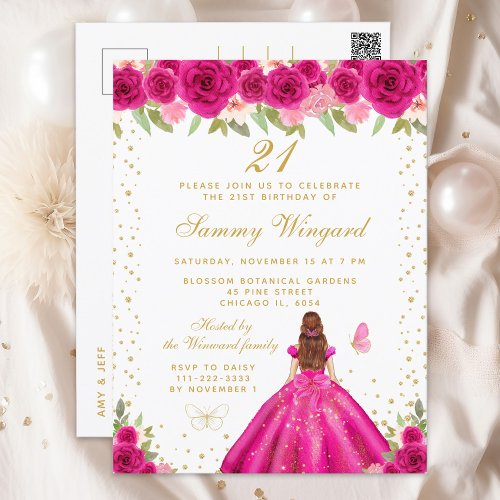 Hot Pink Floral Brown Hair Princess Birthday Party Postcard