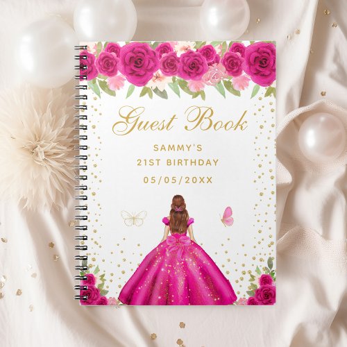 Hot Pink Floral Brown Hair Princess Guest Book