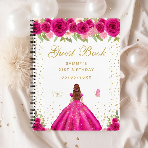 Hot Pink Floral Brown Hair Princess Guest Book