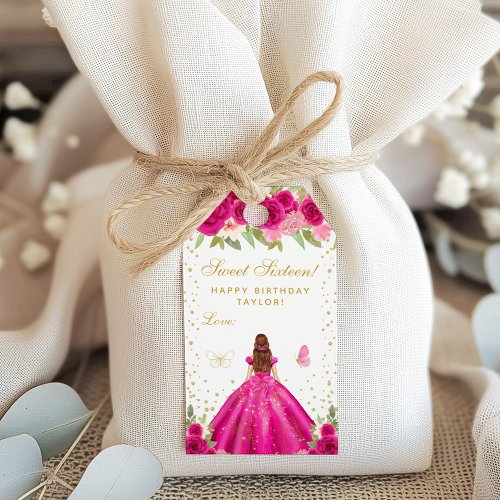 Hot Pink Floral Brown Hair Princess Sweet Sixteen Gift Tags