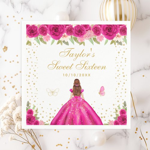 Hot Pink Floral Brown Hair Princess Sweet Sixteen Napkins