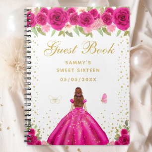 Hot Pink Floral Brown Hair Princess Sweet Sixteen Notebook