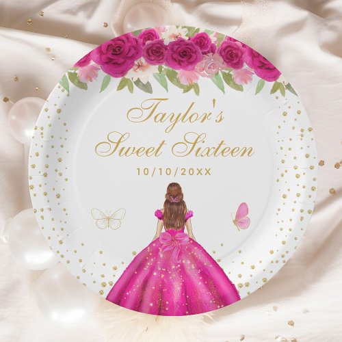 Hot Pink Floral Brown Hair Princess Sweet Sixteen Paper Plates