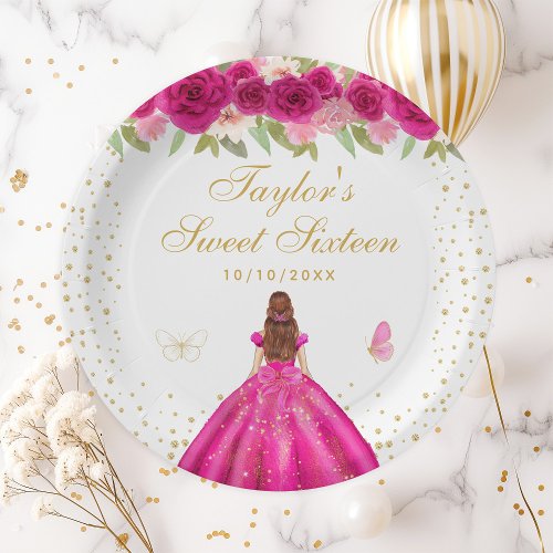 Hot Pink Floral Brown Hair Princess Sweet Sixteen Paper Plates