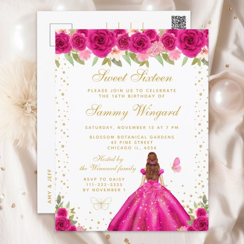 Hot Pink Floral Brown Hair Princess Sweet Sixteen Postcard