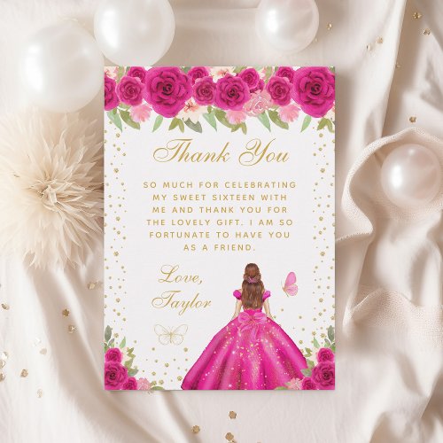 Hot Pink Floral Brown Hair Princess Sweet Sixteen Thank You Card