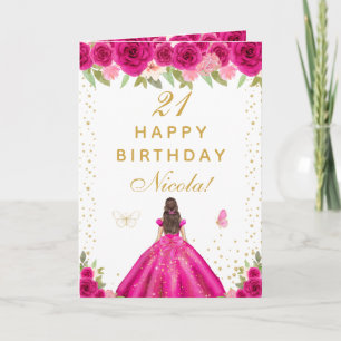 Hot Pink Floral Brunette Hair Girl Birthday Card