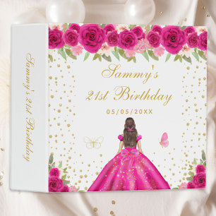Hot Pink Floral Brunette Hair Princess Photo Album 3 Ring Binder