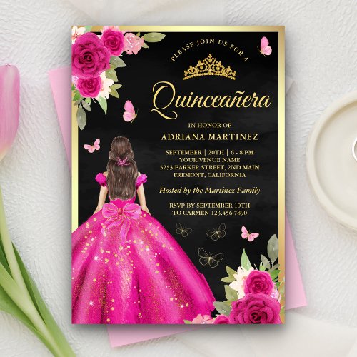 Hot Pink Floral Butterfly Black Gold Quinceanera Invitation