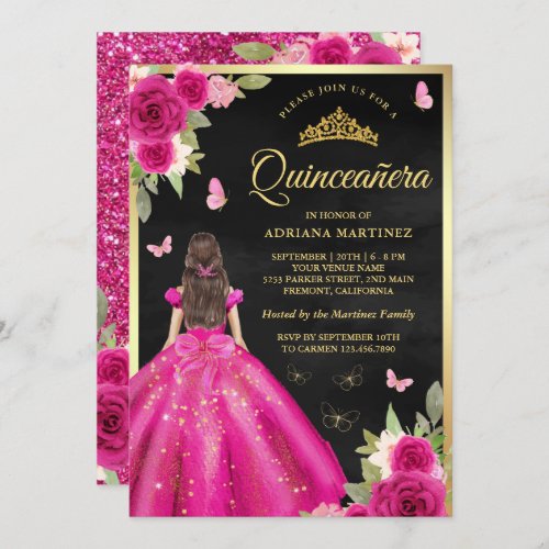 Hot Pink Floral Butterfly Black Gold Quinceanera Invitation