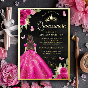 Hot Pink Floral Butterfly Black Quinceanera Gold Foil Invitation