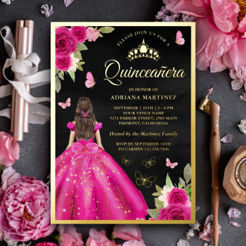 Hot Pink Floral Butterfly Black Quinceanera Gold Foil Invitation by ShabzDesigns at Zazzle