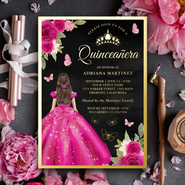 Hot Pink Floral Butterfly Black Quinceanera Gold Foil Invitation (Creator Uploaded)