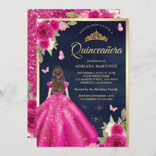 Hot Pink Floral Butterfly Navy Gold Quinceanera Invitation