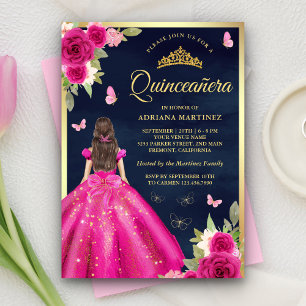 Hot Pink Floral Butterfly Navy Gold Quinceanera Invitation