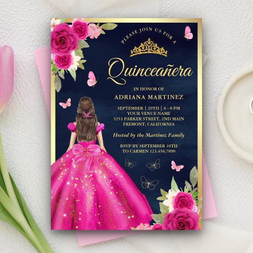 Hot Pink Floral Butterfly Navy Gold Quinceanera Invitation