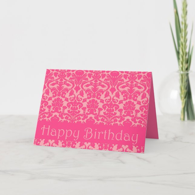 Hot Pink Floral Damask Happy Birthday Card (Front)