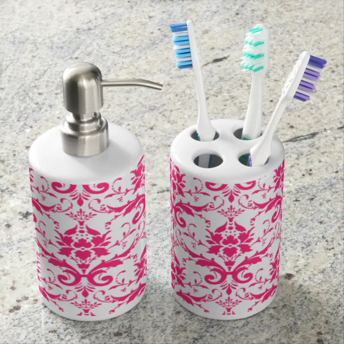 Hot Pink Floral Damask Soap Dispenser & Toothbrush Holder | Zazzle.com