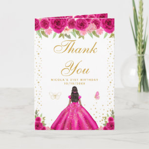 Hot Pink Floral Dark Skin Girl Birthday Letterpress Thank You Card