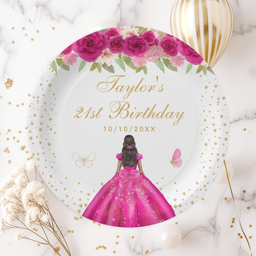 Hot Pink Floral Dark Skin Girl Birthday Party Paper Plates