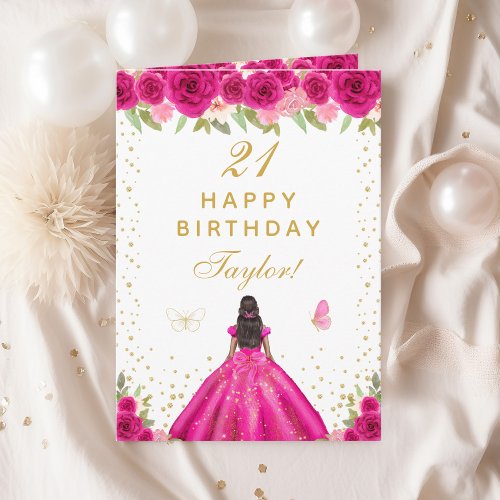 Hot Pink Floral Dark Skin Girl Happy Birthday Card