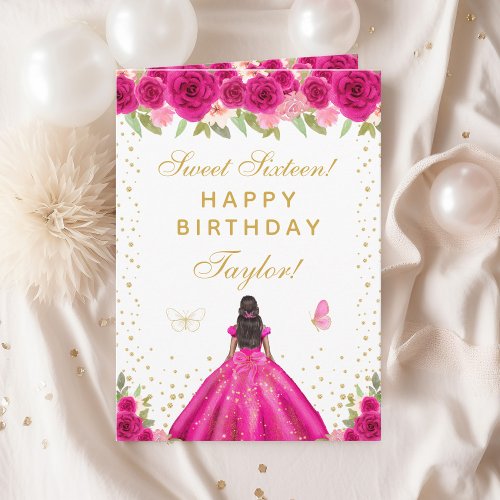 Hot Pink Floral Dark Skin Girl Sweet Sixteen Card