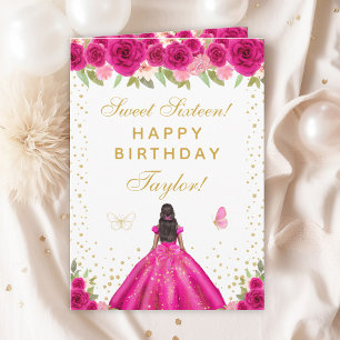 Hot Pink Floral Dark Skin Girl Sweet Sixteen Card