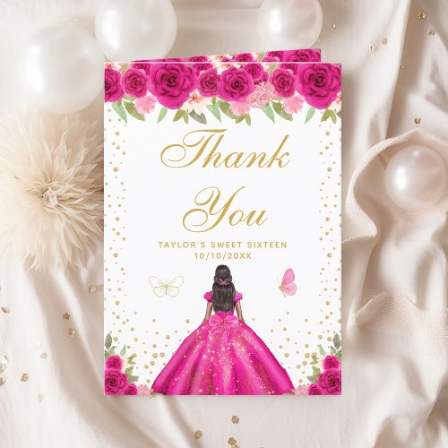 Hot Pink Floral Dark Skin Girl Sweet Sixteen Thank You Card