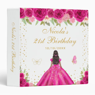 Hot Pink Floral Dark Skin Princess Birthday Party 3 Ring Binder