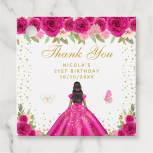 Hot Pink Floral Dark Skin Princess Birthday Party Favor Tags