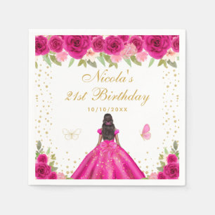 Hot Pink Floral Dark Skin Princess Birthday Party Napkins