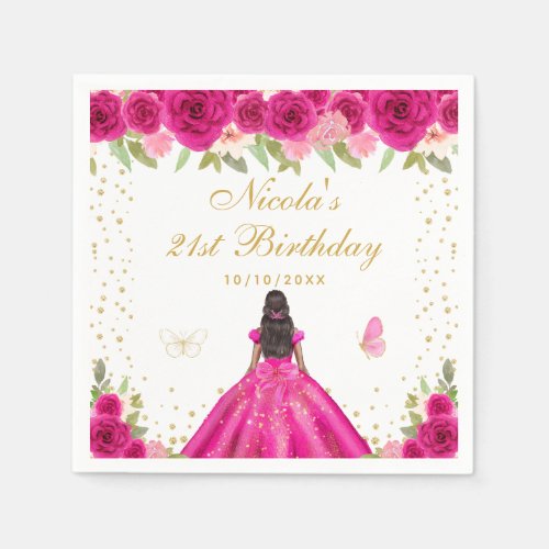 Hot Pink Floral Dark Skin Princess Birthday Party Napkins