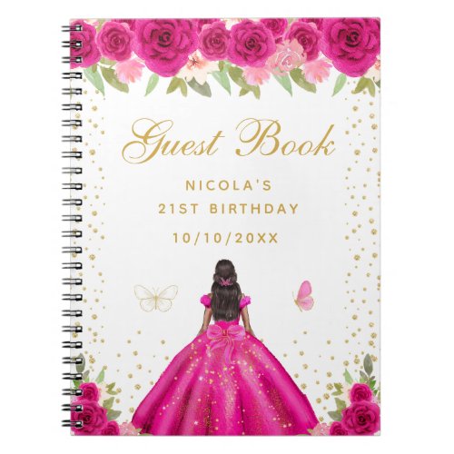 Hot Pink Floral Dark Skin Princess Birthday Party Notebook