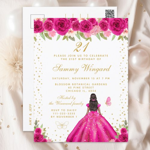 Hot Pink Floral Dark Skin Princess Birthday Party Postcard