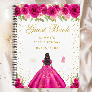 Hot Pink Floral Dark Skin Princess Guest Book