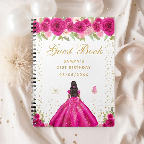 Hot Pink Floral Dark Skin Princess Guest Book