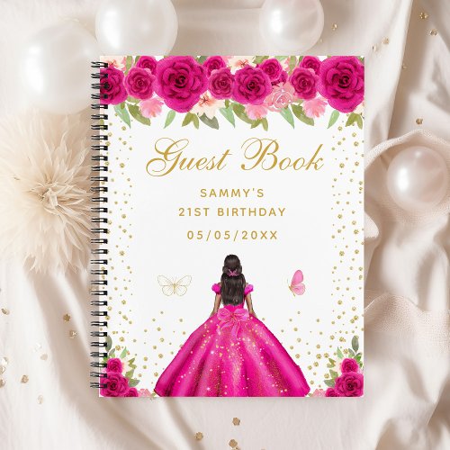 Hot Pink Floral Dark Skin Princess Guest Book