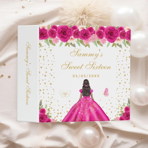 Hot Pink Floral Dark Skin Princess Sweet Sixteen 3 Ring Binder