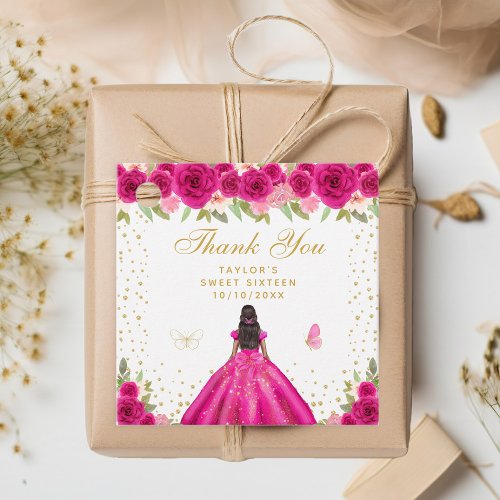 Hot Pink Floral Dark Skin Princess Sweet Sixteen Favor Tags